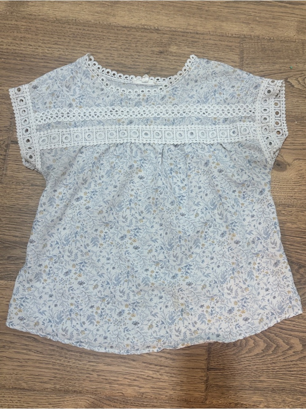 mine White Floral Lace Yoke Blouse with Light Blue Accents